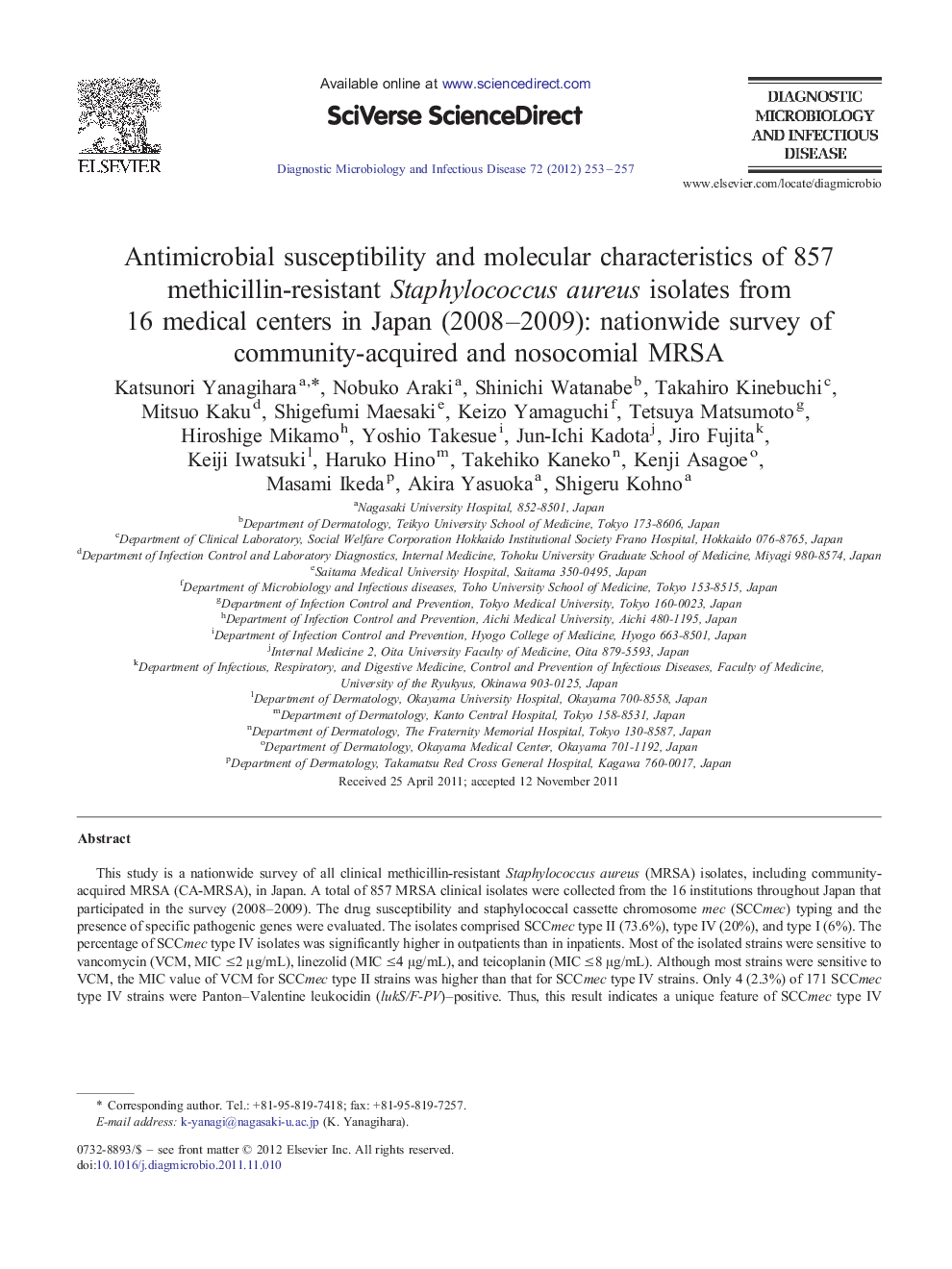 Antimicrobial susceptibility and molecular characteristics of 857 methicillin-resistant Staphylococcus aureus isolates from 16 medical centers in Japan (2008–2009): nationwide survey of community-acquired and nosocomial MRSA