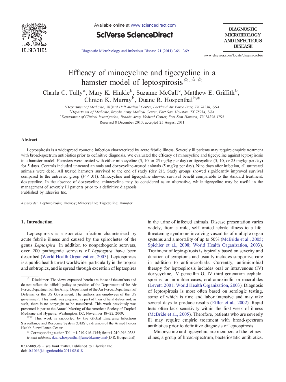 Efficacy of minocycline and tigecycline in a hamster model of leptospirosis 