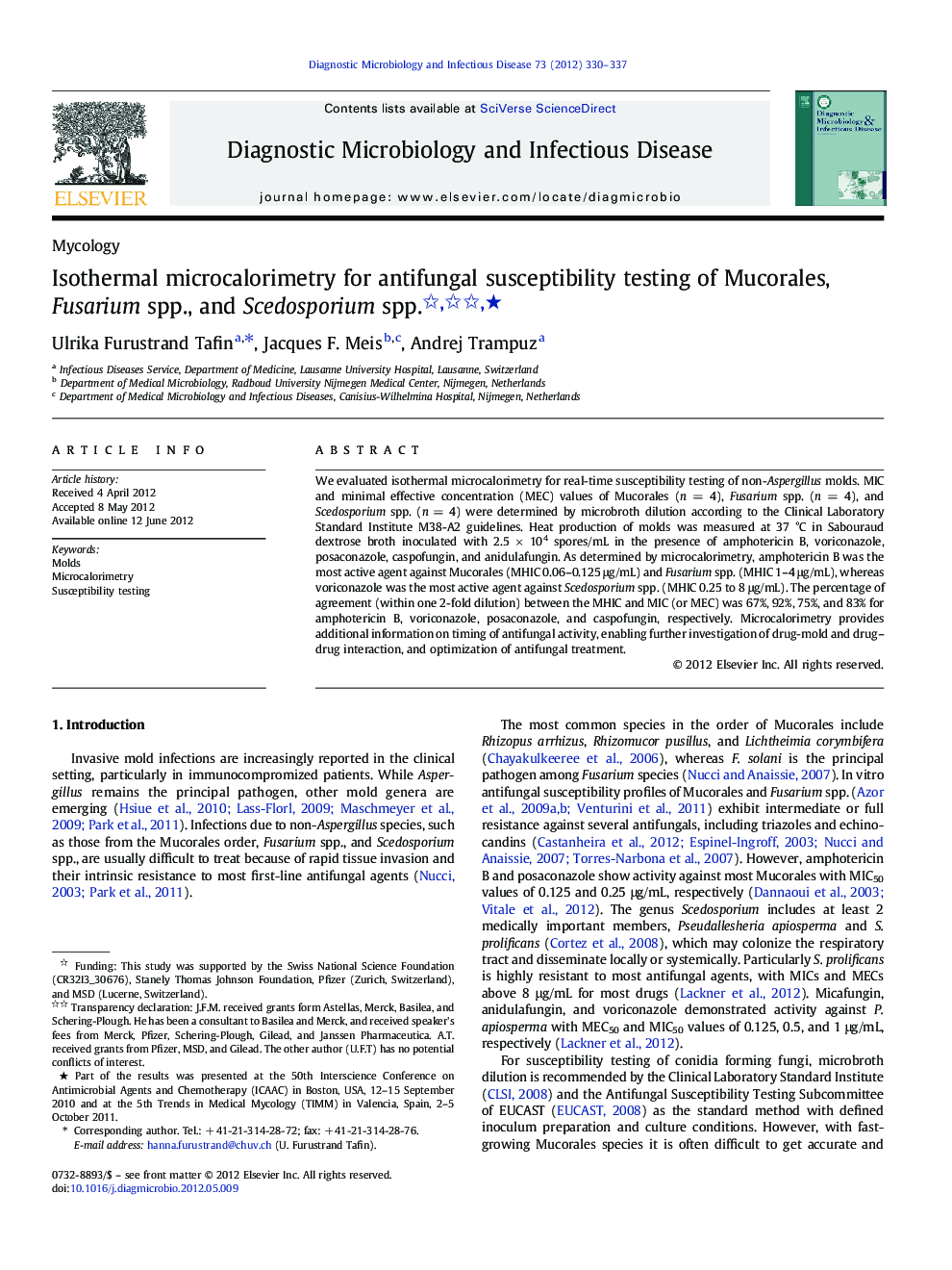 Isothermal microcalorimetry for antifungal susceptibility testing of Mucorales, Fusarium spp., and Scedosporium spp. ★