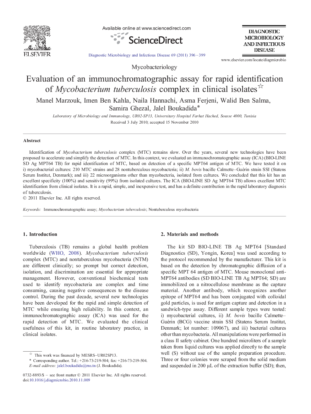 Evaluation of an immunochromatographic assay for rapid identificationof Mycobacterium tuberculosis complex in clinical isolates 