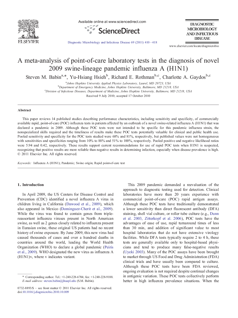 A meta-analysis of point-of-care laboratory tests in the diagnosis of novel 2009 swine-lineage pandemic influenza A (H1N1)