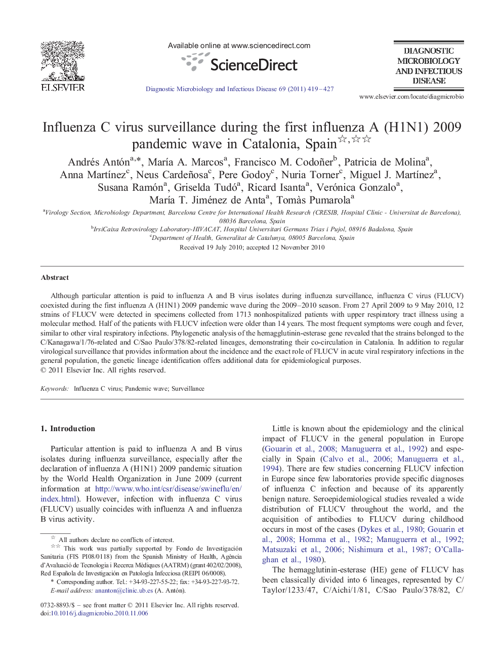 Influenza C virus surveillance during the first influenza A (H1N1) 2009 pandemic wave in Catalonia, Spain 