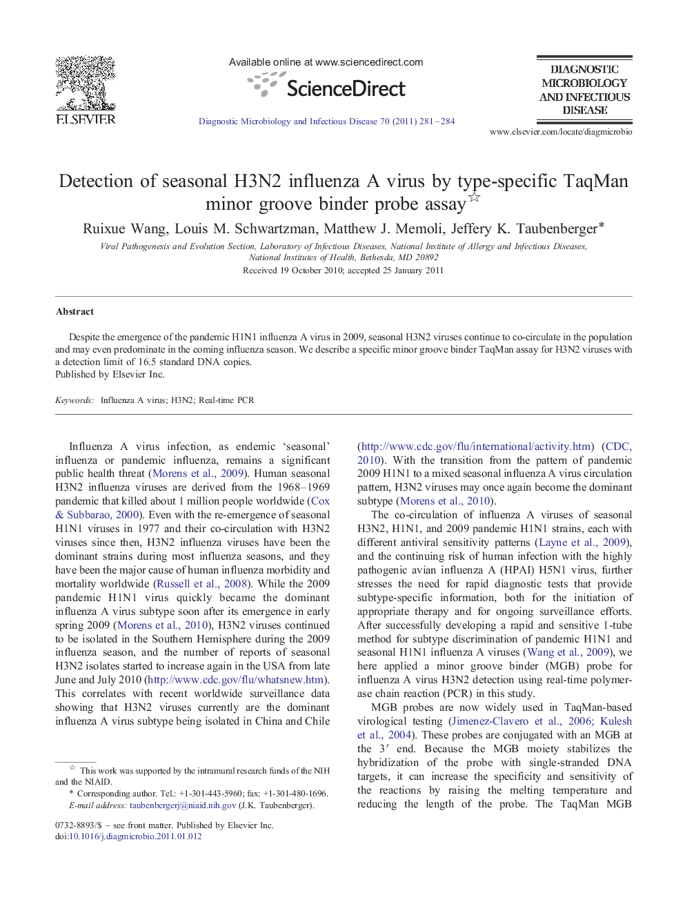 عکس صفحه اول مقاله: Detection of seasonal H3N2 influenza A virus by type-specific TaqMan minor groove binder probe assay Detection of seasonal H3N2 influenza A virus by type-specific TaqMan minor groove binder probe assay