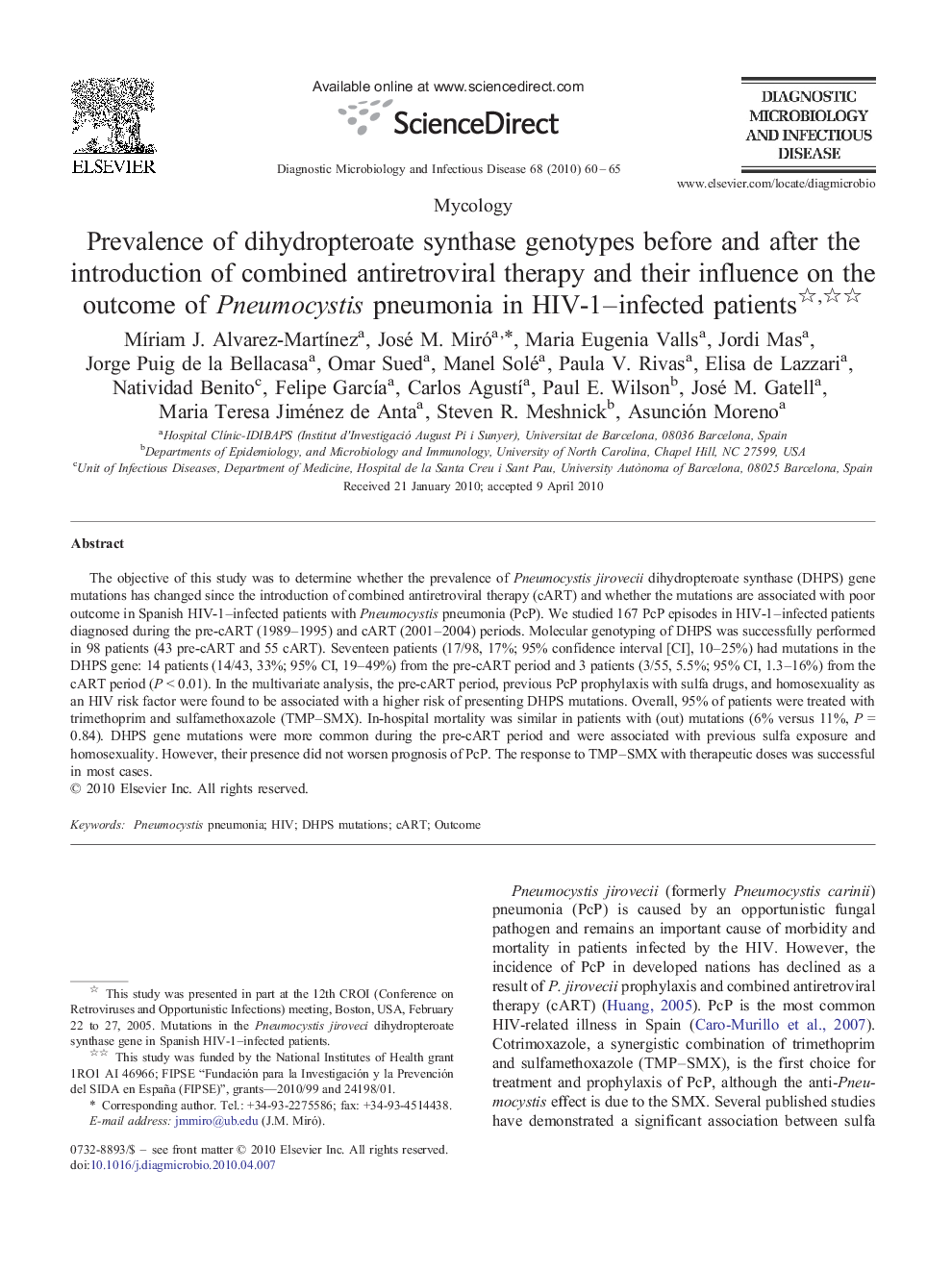 Prevalence of dihydropteroate synthase genotypes before and after the introduction of combined antiretroviral therapy and their influence on the outcome of Pneumocystis pneumonia in HIV-1–infected patients 