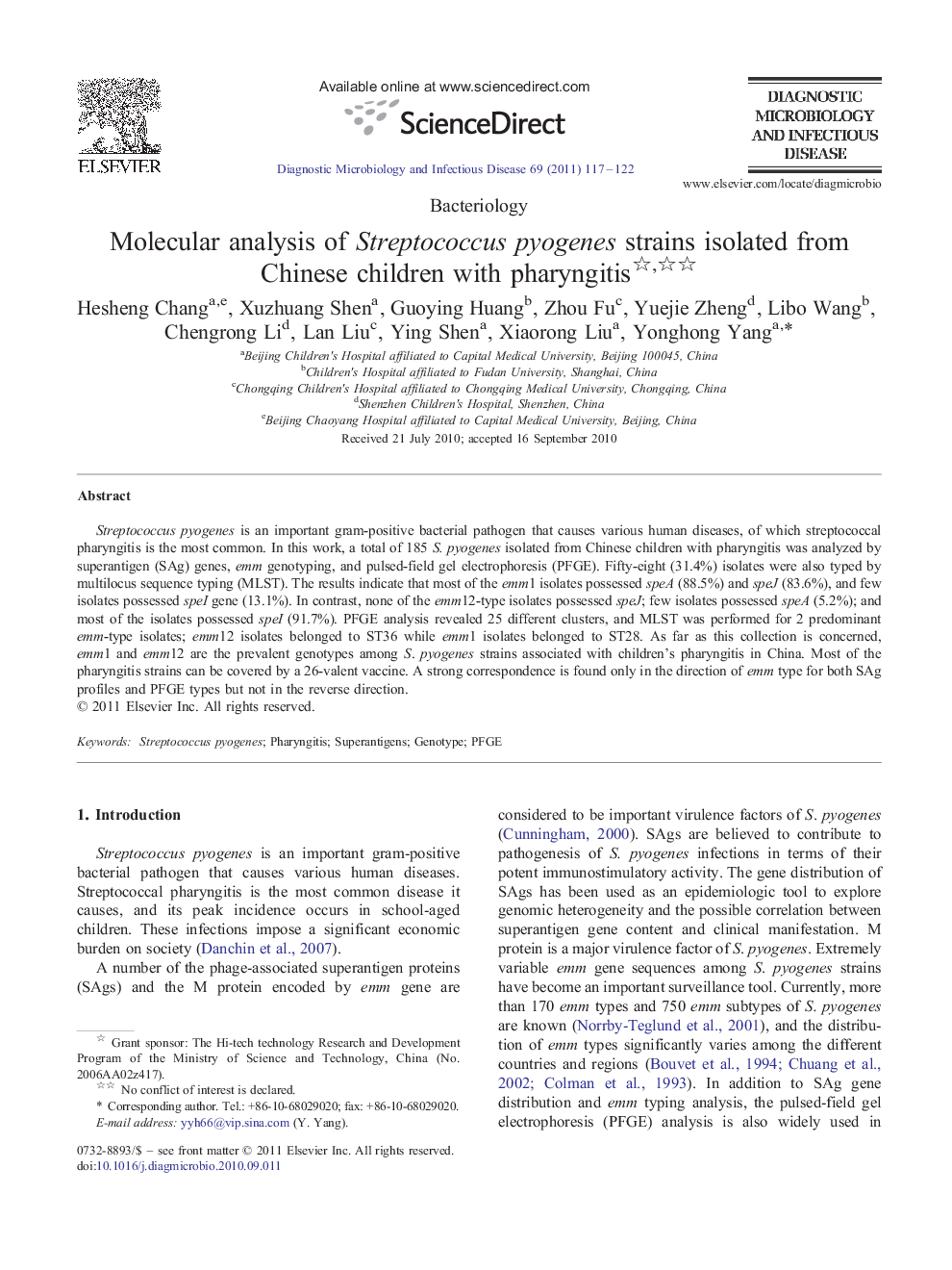 Molecular analysis of Streptococcus pyogenes strains isolated from Chinese children with pharyngitis 