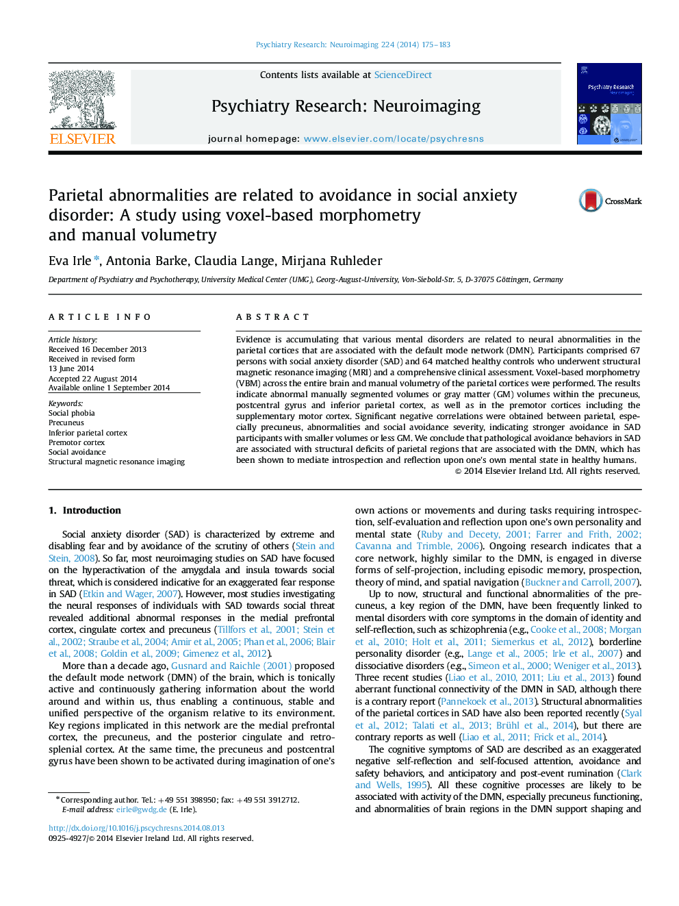 Parietal abnormalities are related to avoidance in social anxiety disorder: A study using voxel-based morphometry and manual volumetry