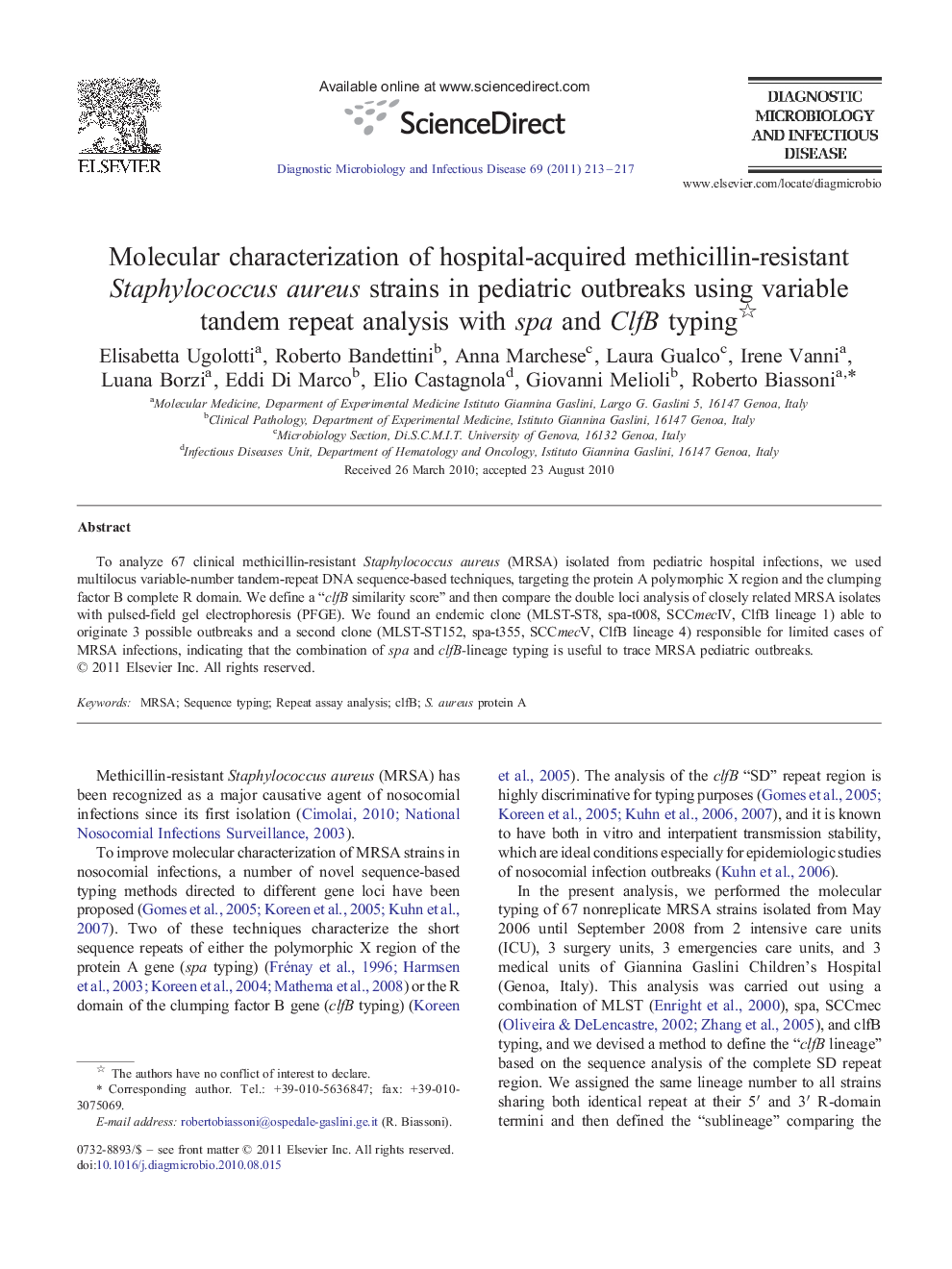 Molecular characterization of hospital-acquired methicillin-resistant Staphylococcus aureus strains in pediatric outbreaks using variable tandem repeat analysis with spa and ClfB typing