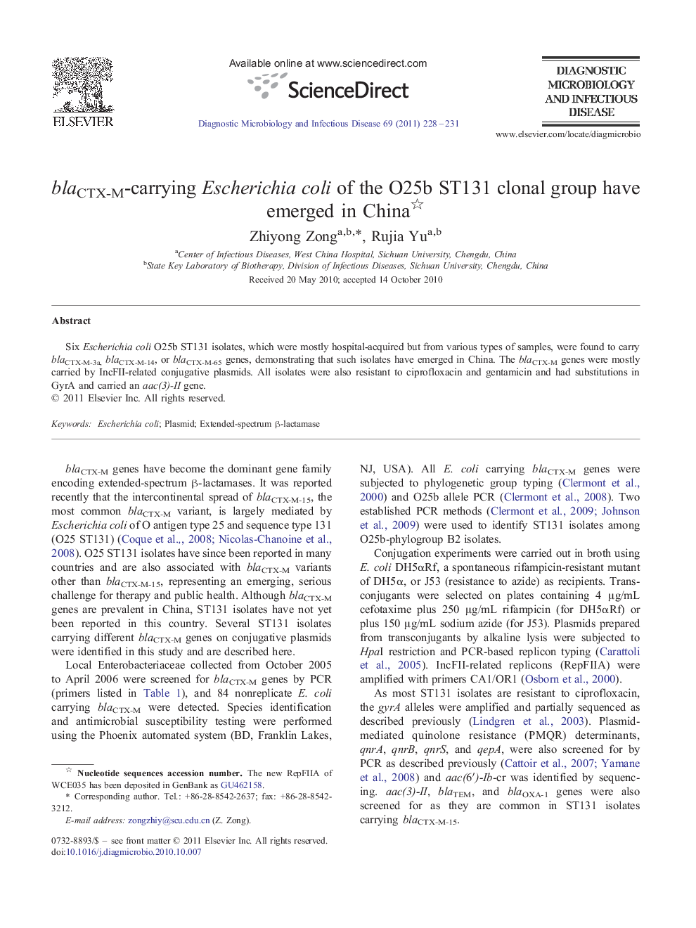 blaCTX-M-carrying Escherichia coli of the O25b ST131 clonal group have emerged in China 