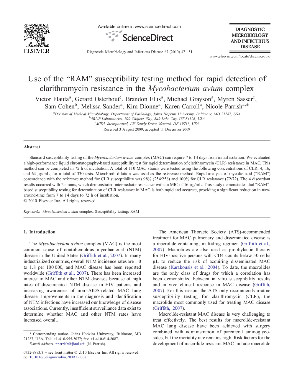 Use of the “RAM” susceptibility testing method for rapid detection of clarithromycin resistance in the Mycobacterium avium complex