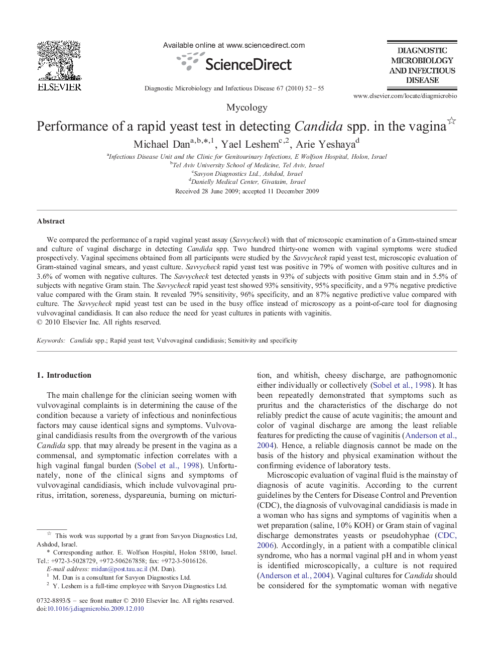 Performance of a rapid yeast test in detecting Candida spp. in the vagina 