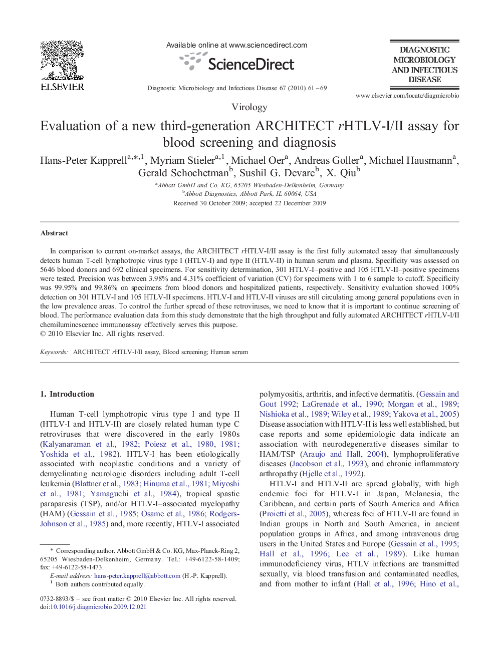 Evaluation of a new third-generation ARCHITECT rHTLV-I/II assay for blood screening and diagnosis