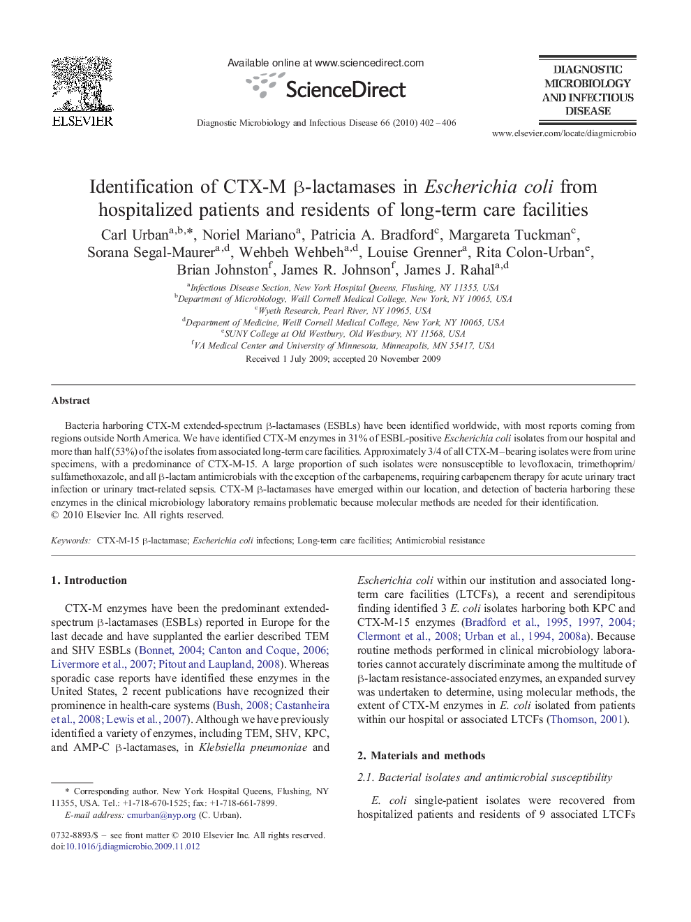 Identification of CTX-M β-lactamases in Escherichia coli from hospitalized patients and residents of long-term care facilities