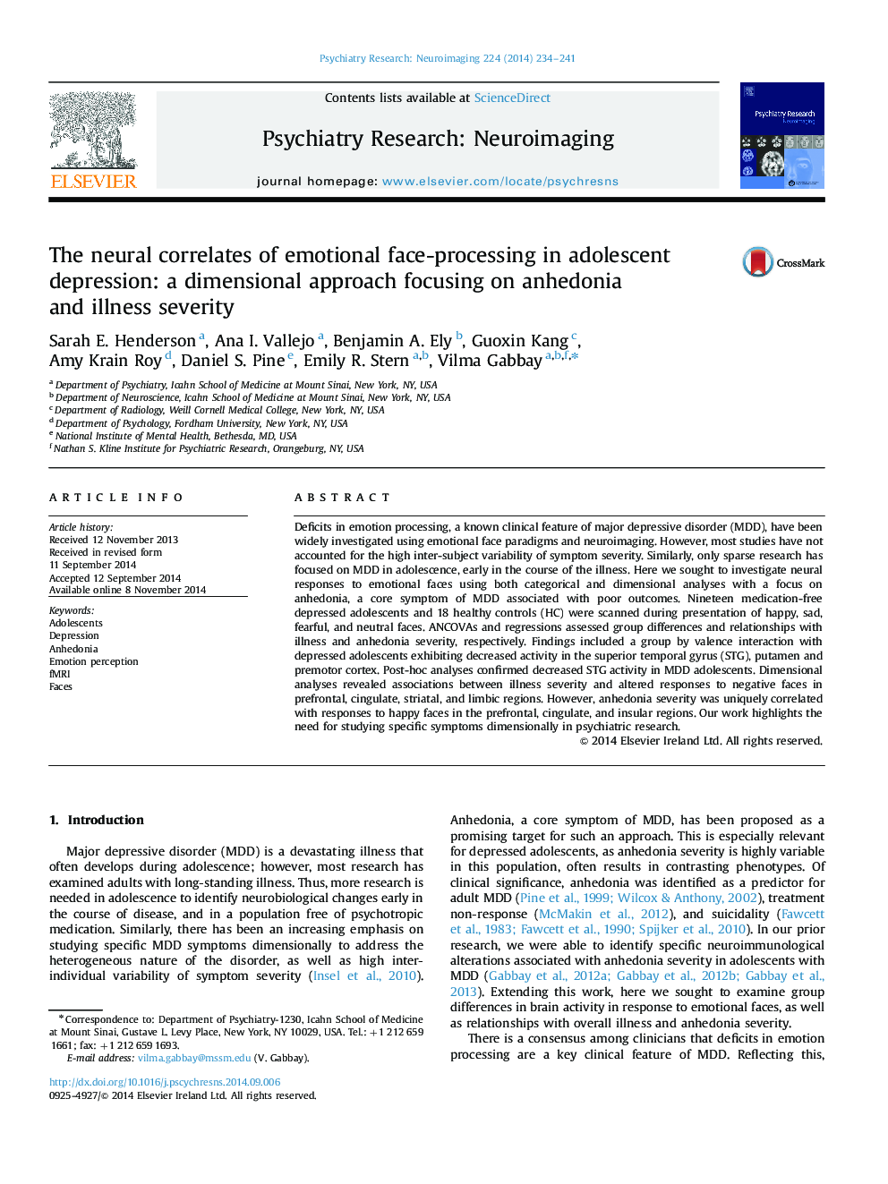 The neural correlates of emotional face-processing in adolescent depression: a dimensional approach focusing on anhedonia and illness severity