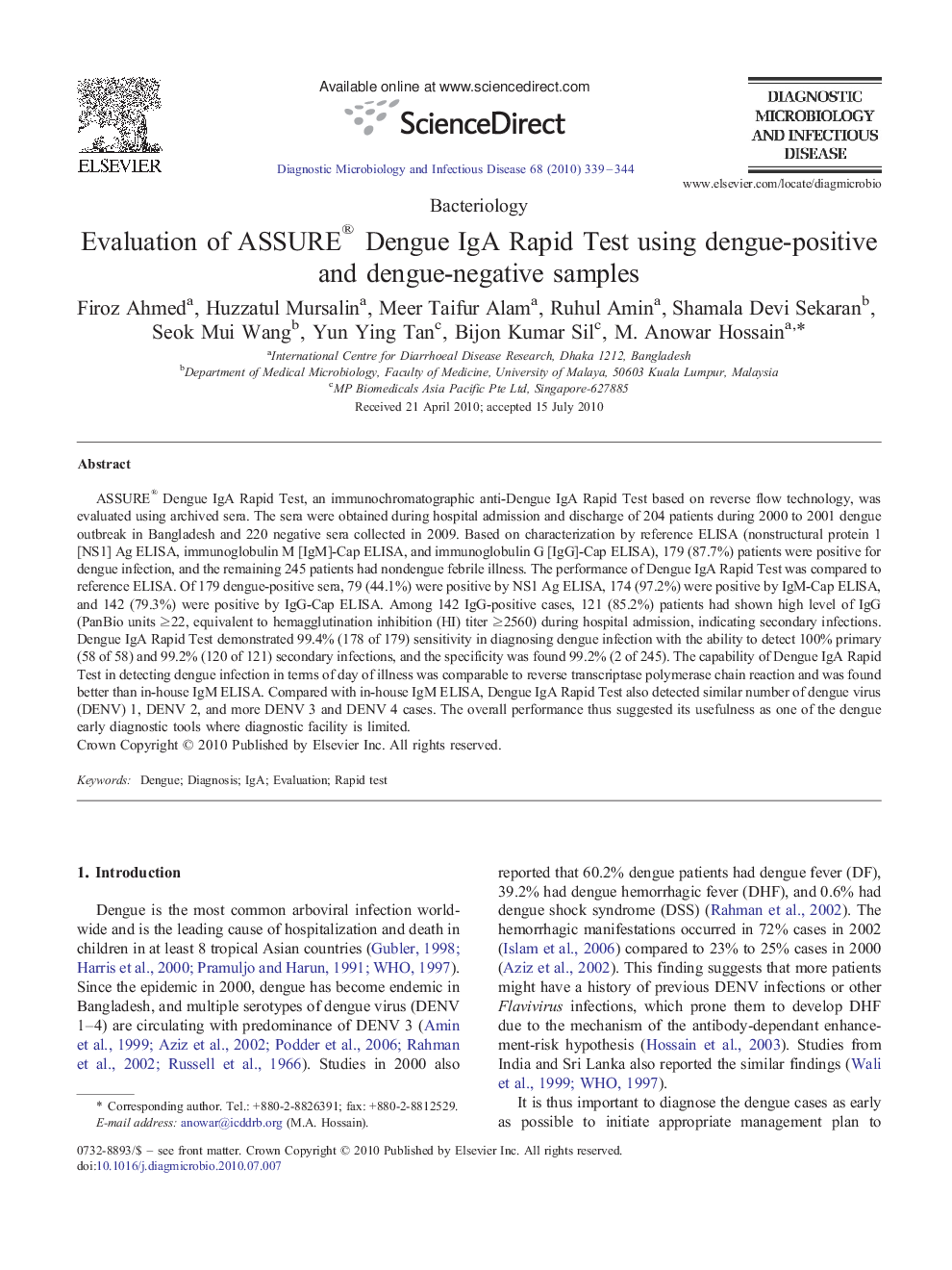 Evaluation of ASSURE® Dengue IgA Rapid Test using dengue-positive and dengue-negative samples