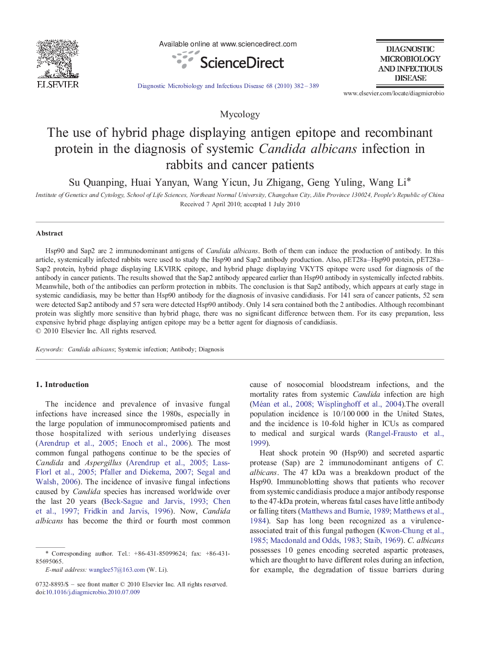 The use of hybrid phage displaying antigen epitope and recombinant protein in the diagnosis of systemic Candida albicans infection in rabbits and cancer patients