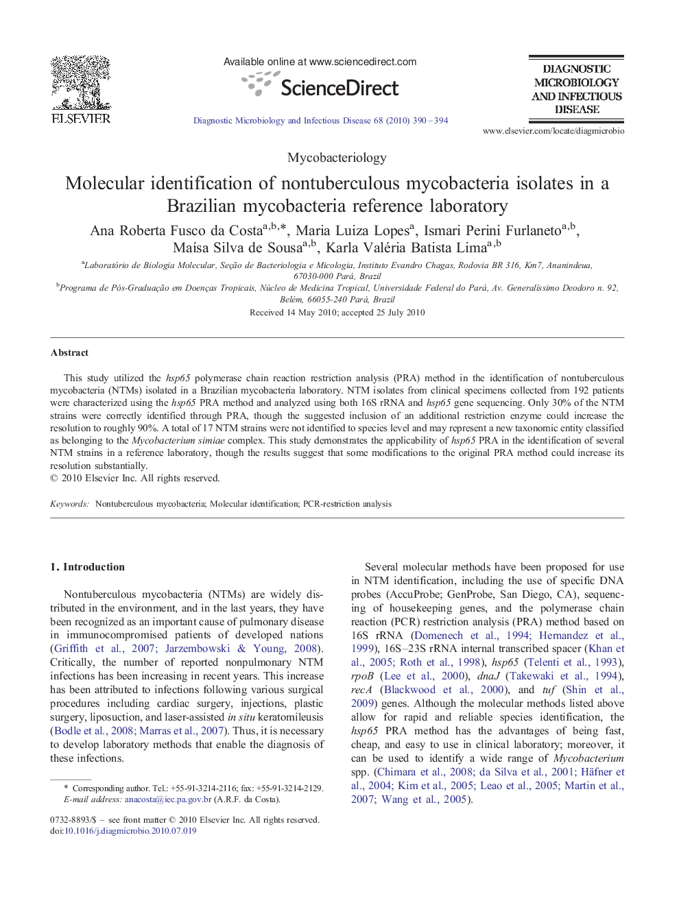 Molecular identification of nontuberculous mycobacteria isolates in a Brazilian mycobacteria reference laboratory