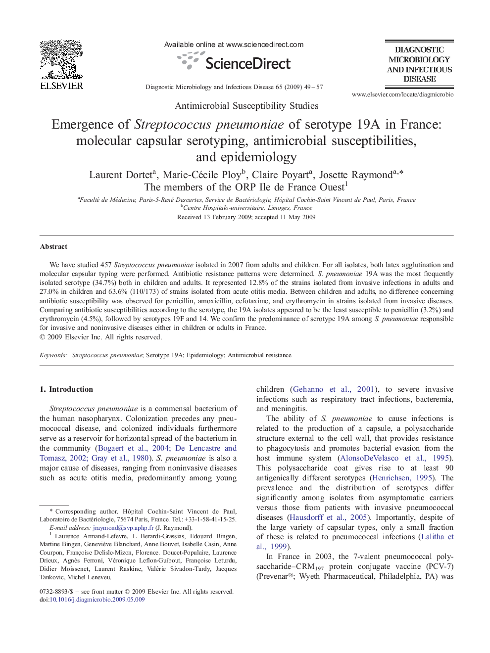 Emergence of Streptococcus pneumoniae of serotype 19A in France: molecular capsular serotyping, antimicrobial susceptibilities, and epidemiology