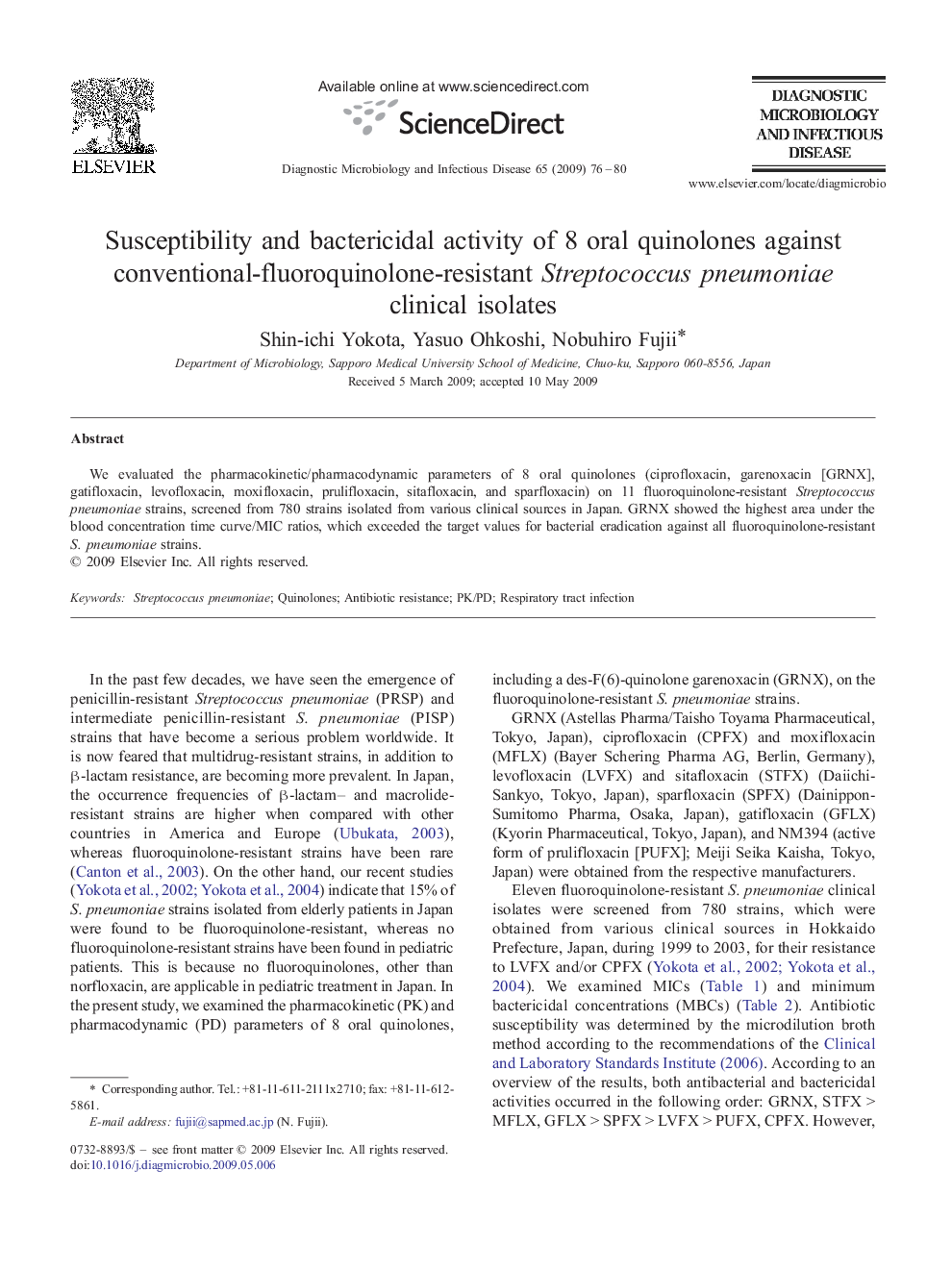 Susceptibility and bactericidal activity of 8 oral quinolones against conventional-fluoroquinolone-resistant Streptococcus pneumoniae clinical isolates