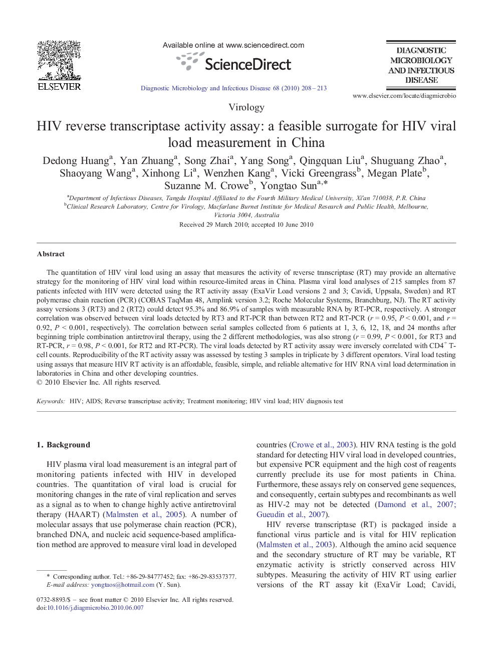 HIV reverse transcriptase activity assay: a feasible surrogate for HIV viral load measurement in China