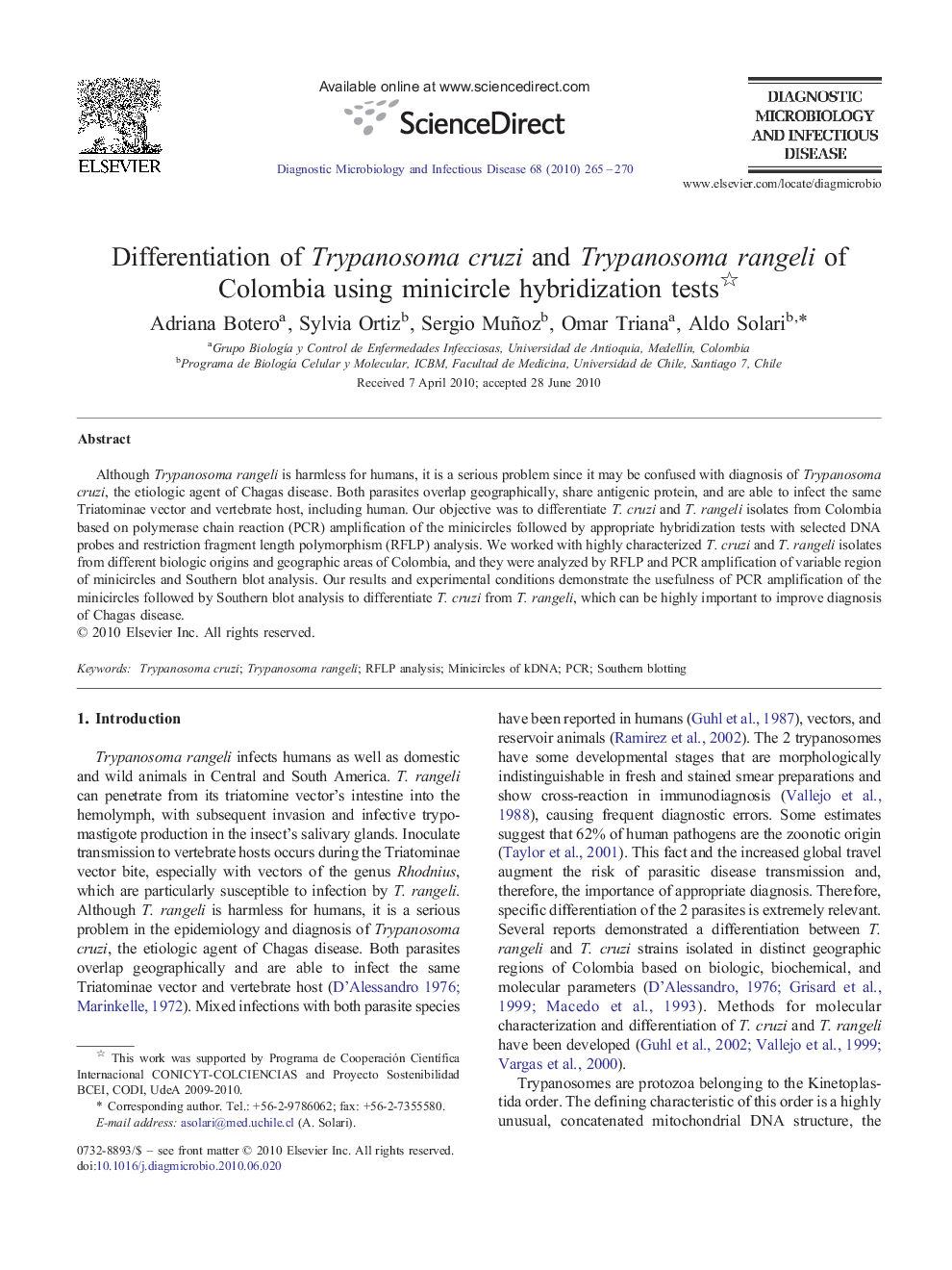 Differentiation of Trypanosoma cruzi and Trypanosoma rangeli of Colombia using minicircle hybridization tests 