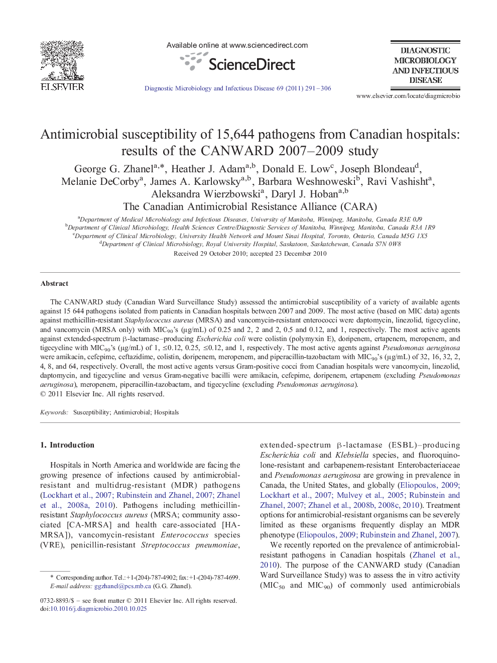 Antimicrobial susceptibility of 15,644 pathogens from Canadian hospitals: results of the CANWARD 2007–2009 study