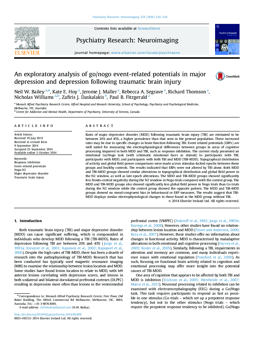 An exploratory analysis of go/nogo event-related potentials in major depression and depression following traumatic brain injury