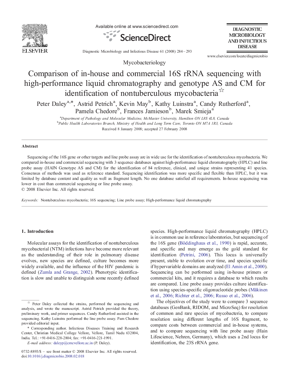 Comparison of in-house and commercial 16S rRNA sequencing with high-performance liquid chromatography and genotype AS and CM for identification of nontuberculous mycobacteria 