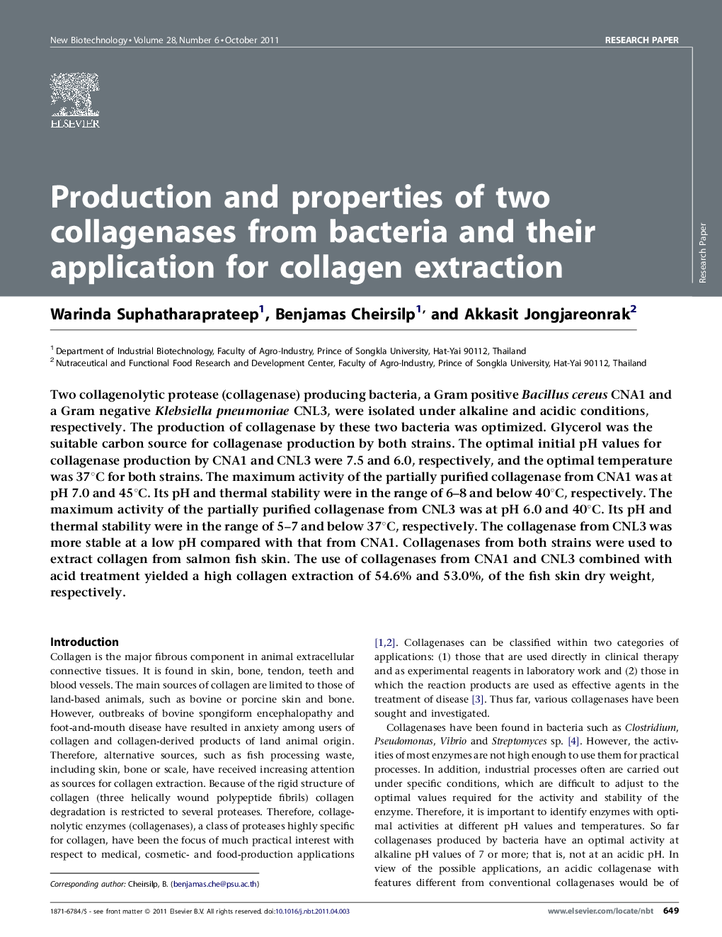 عکس صفحه اول مقاله: Production and properties of two collagenases from bacteria and their application for collagen extraction Production and properties of two collagenases from bacteria and their application for collagen extraction