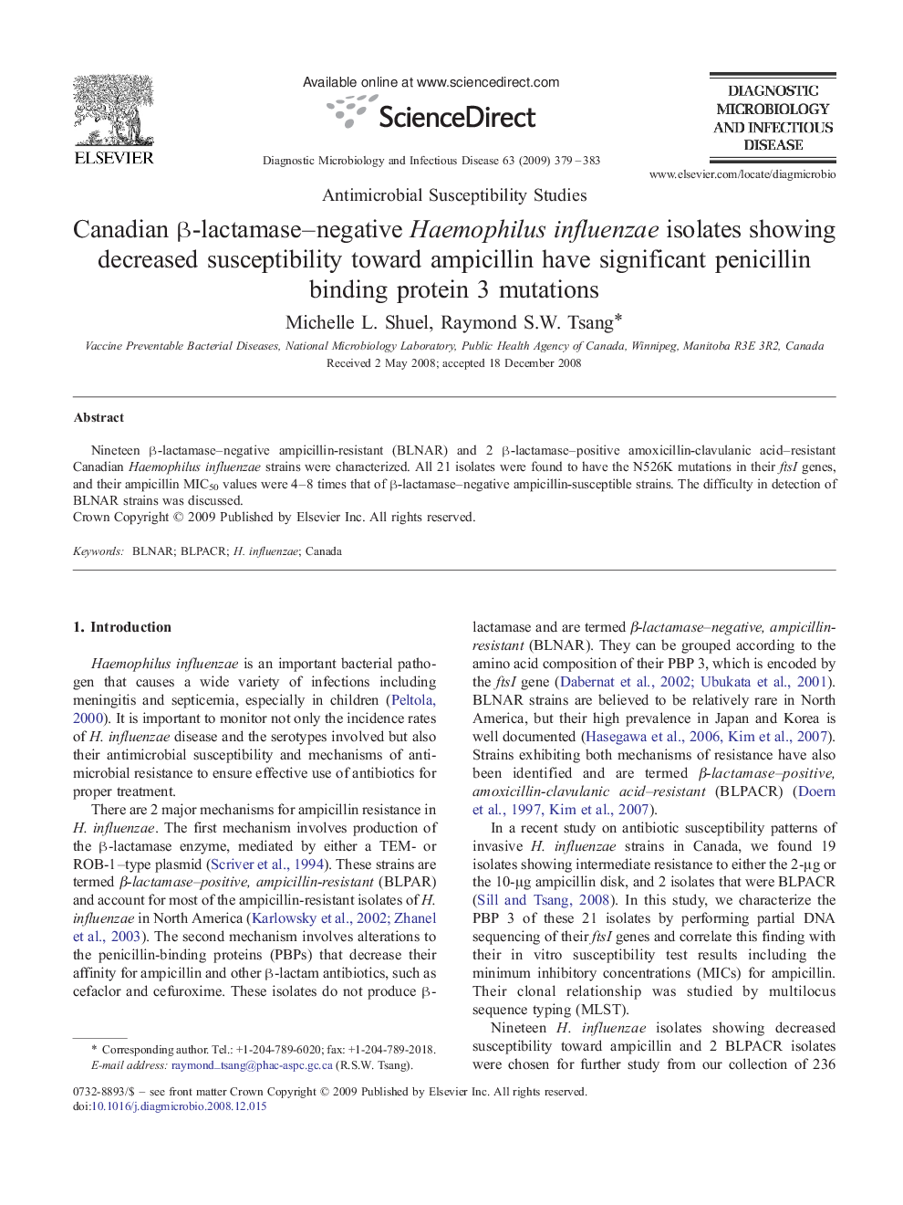 Canadian β-lactamase–negative Haemophilus influenzae isolates showing decreased susceptibility toward ampicillin have significant penicillin binding protein 3 mutations