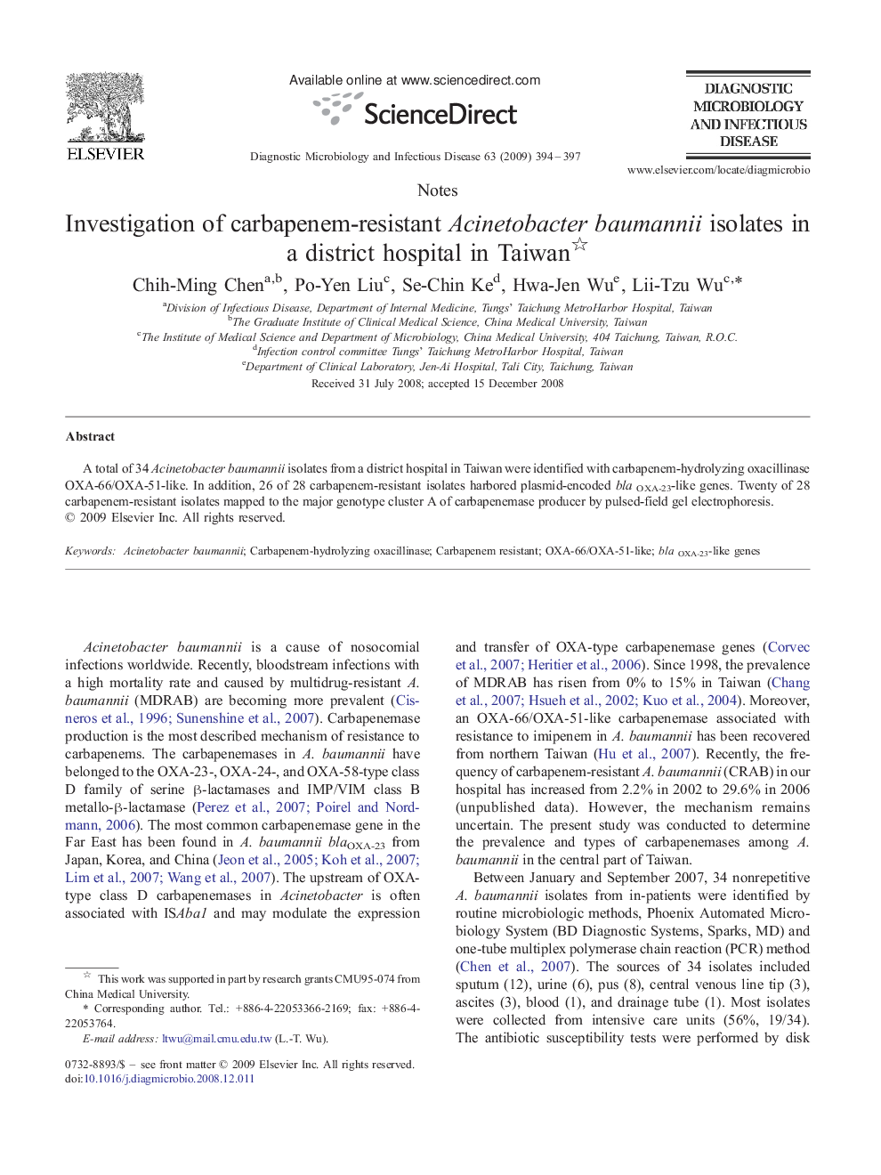 Investigation of carbapenem-resistant Acinetobacter baumannii isolates in a district hospital in Taiwan 