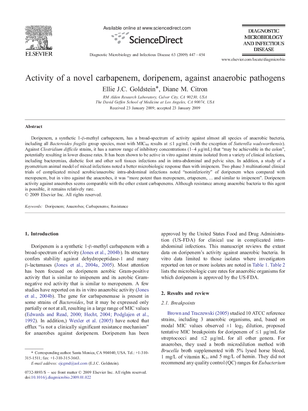 Activity of a novel carbapenem, doripenem, against anaerobic pathogens