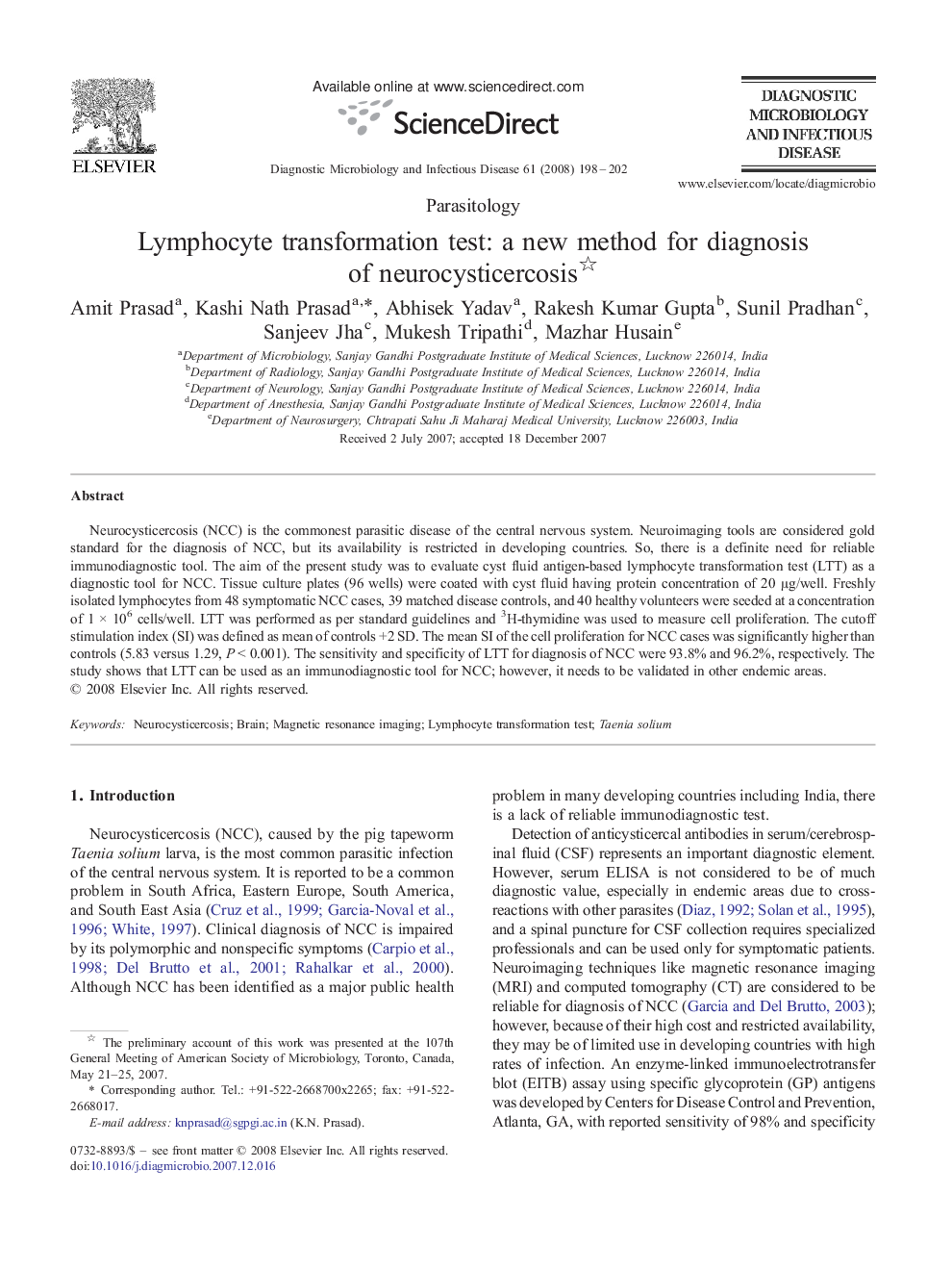 Lymphocyte transformation test: a new method for diagnosis of neurocysticercosis 