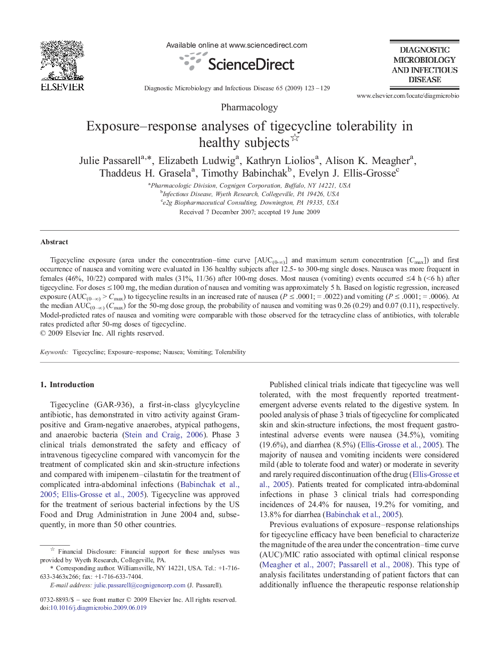 Exposure-response analyses of tigecycline tolerability in healthy subjects