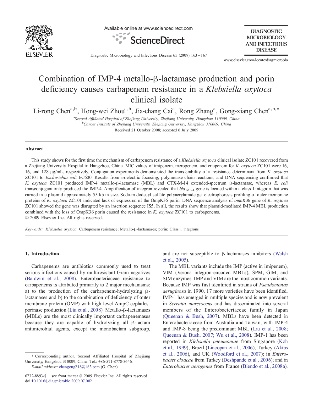 Combination of IMP-4 metallo-β-lactamase production and porin deficiency causes carbapenem resistance in a Klebsiella oxytoca clinical isolate