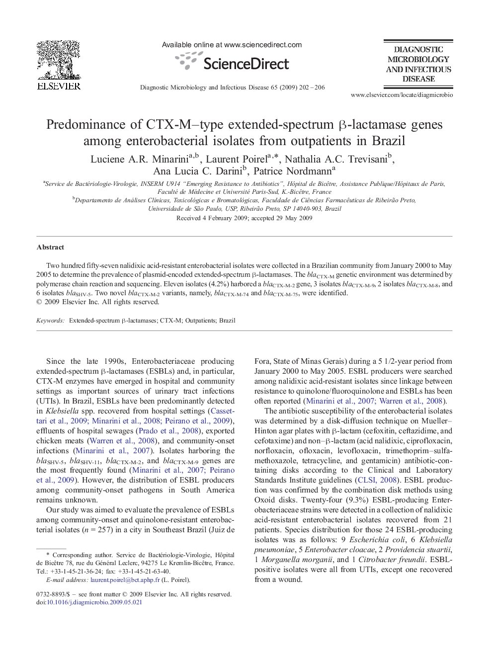 Predominance of CTX-M–type extended-spectrum β-lactamase genes among enterobacterial isolates from outpatients in Brazil