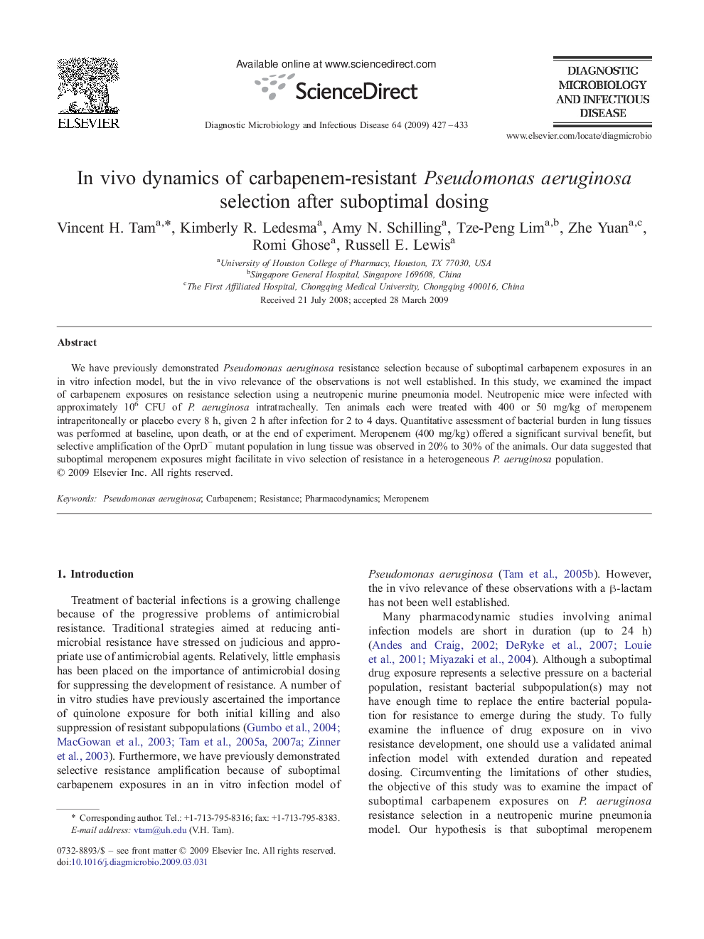 In vivo dynamics of carbapenem-resistant Pseudomonas aeruginosa selection after suboptimal dosing