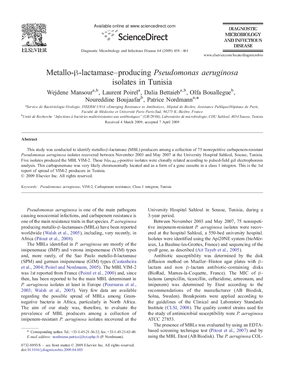 Metallo-β-lactamase–producing Pseudomonas aeruginosa isolates in Tunisia