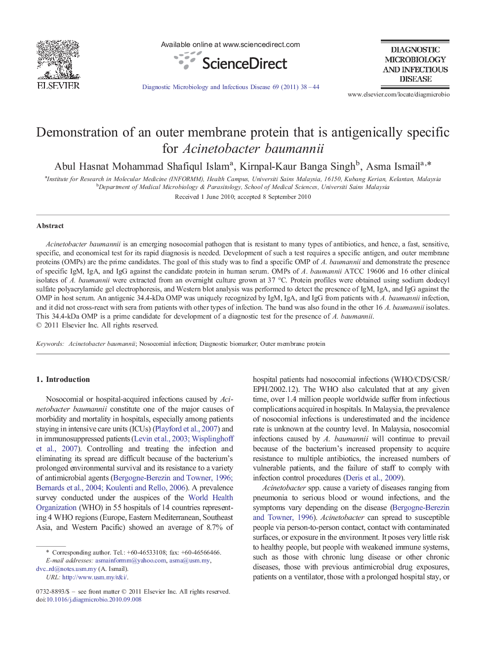 Demonstration of an outer membrane protein that is antigenically specific for Acinetobacter baumannii