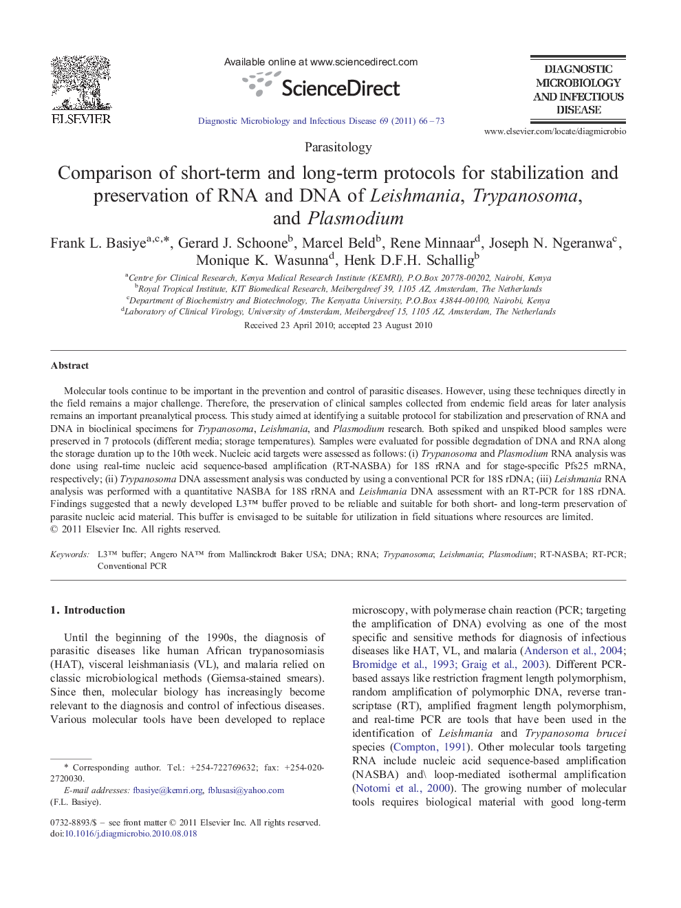 Comparison of short-term and long-term protocols for stabilization and preservation of RNA and DNA of Leishmania, Trypanosoma, and Plasmodium