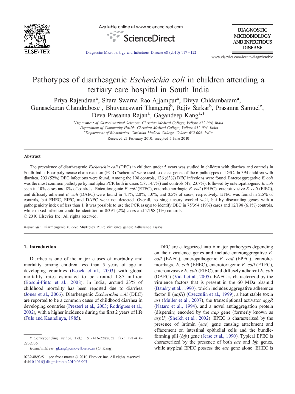 Pathotypes of diarrheagenic Escherichia coli in children attending a tertiary care hospital in South India