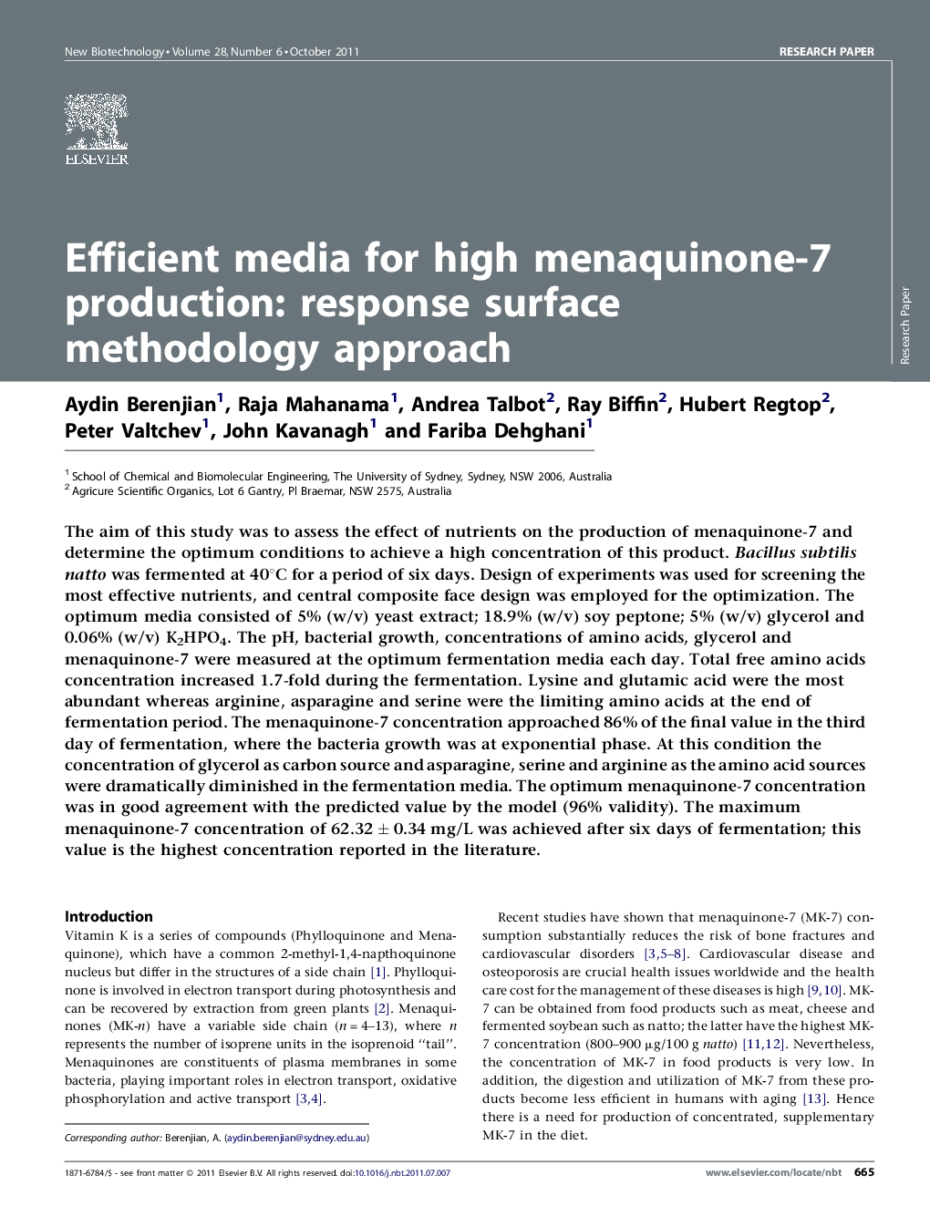 عکس صفحه اول مقاله: Efficient media for high menaquinone-7 production: response surface methodology approach Efficient media for high menaquinone-7 production: response surface methodology approach