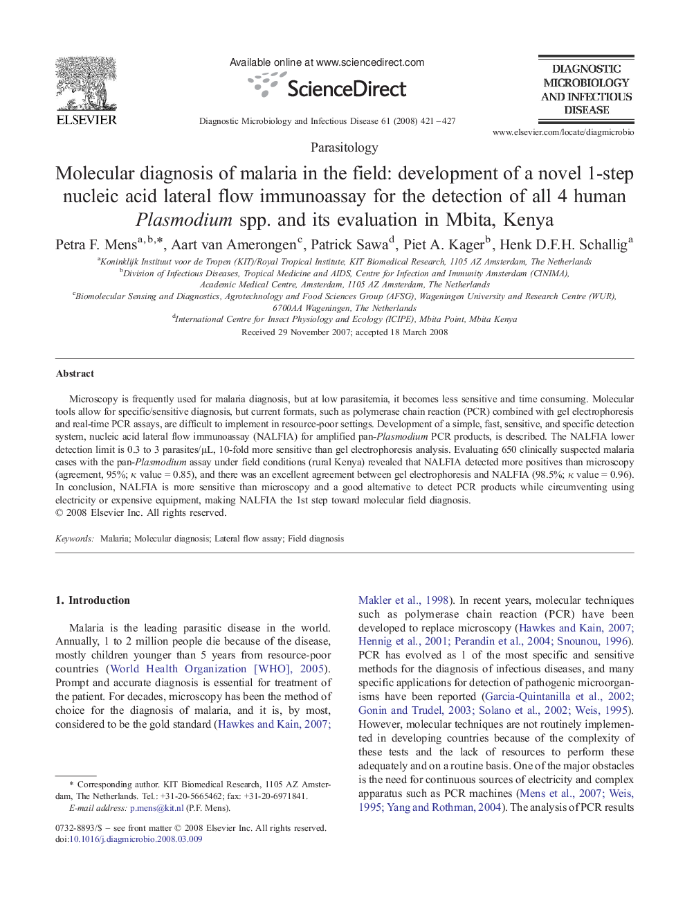 Molecular diagnosis of malaria in the field: development of a novel 1-step nucleic acid lateral flow immunoassay for the detection of all 4 human Plasmodium spp. and its evaluation in Mbita, Kenya