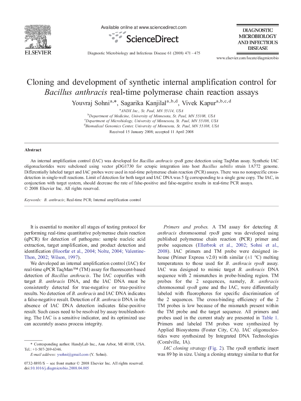 Cloning and development of synthetic internal amplification control for Bacillus anthracis real-time polymerase chain reaction assays