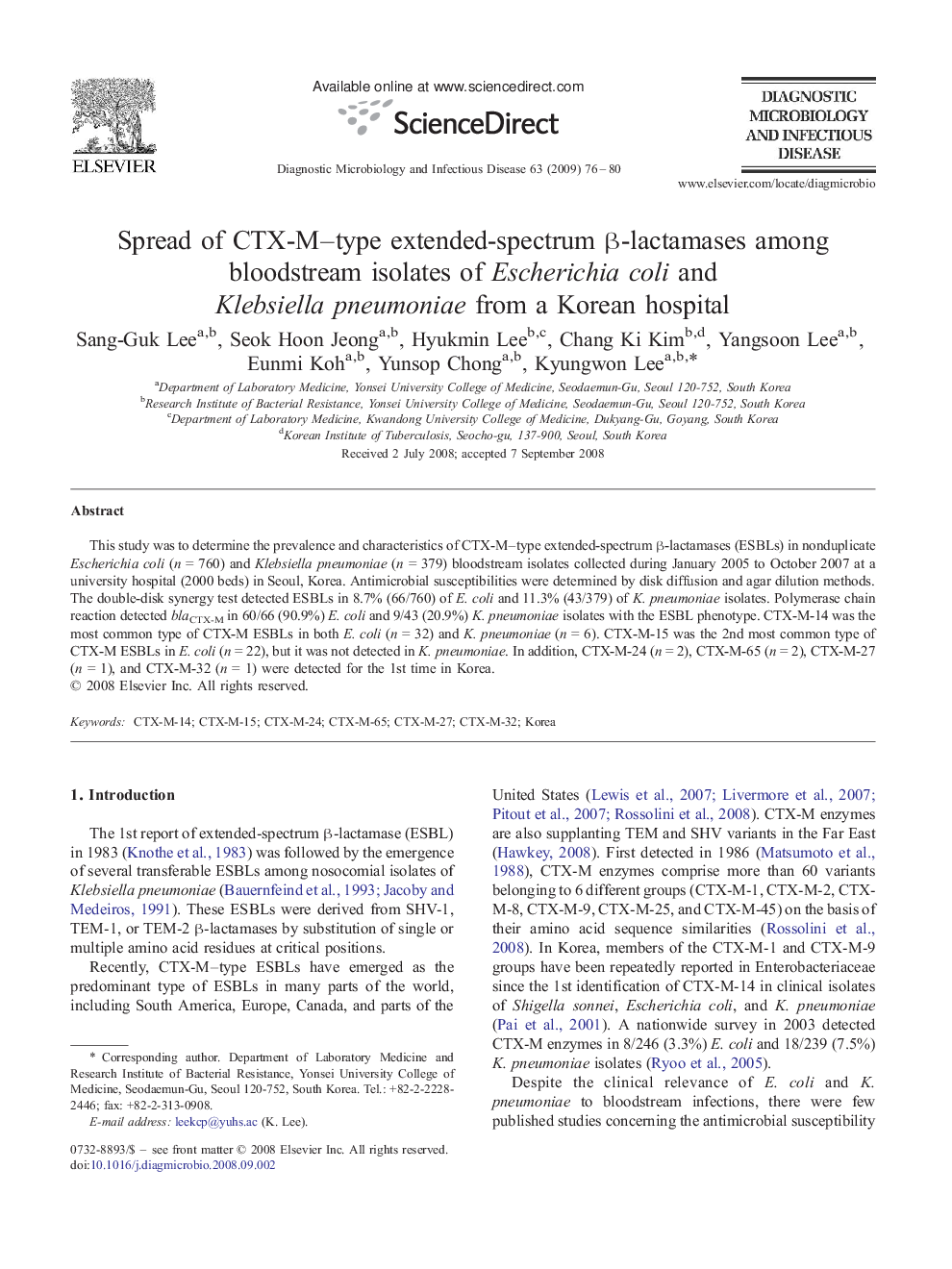 Spread of CTX-M–type extended-spectrum β-lactamases among bloodstream isolates of Escherichia coli and Klebsiella pneumoniae from a Korean hospital