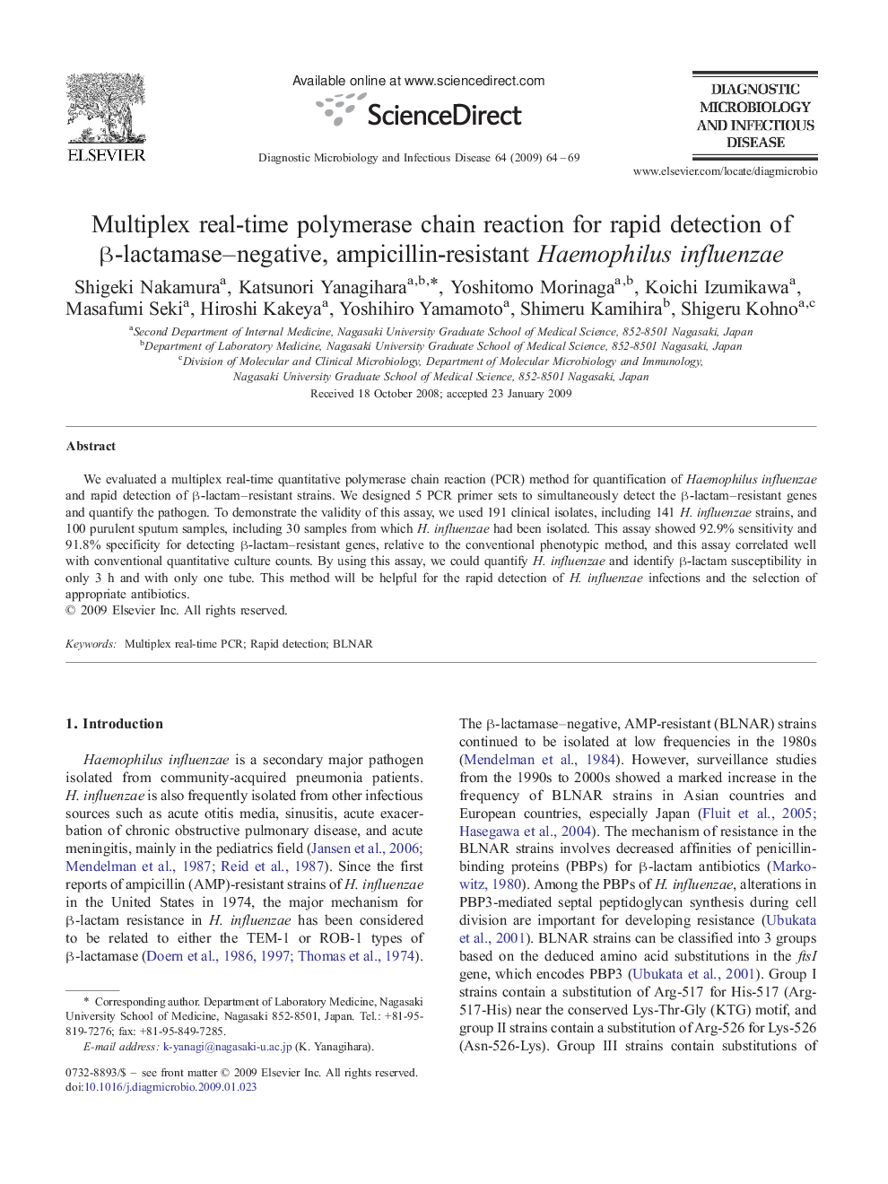 Multiplex real-time polymerase chain reaction for rapid detection of β-lactamase–negative, ampicillin-resistant Haemophilus influenzae