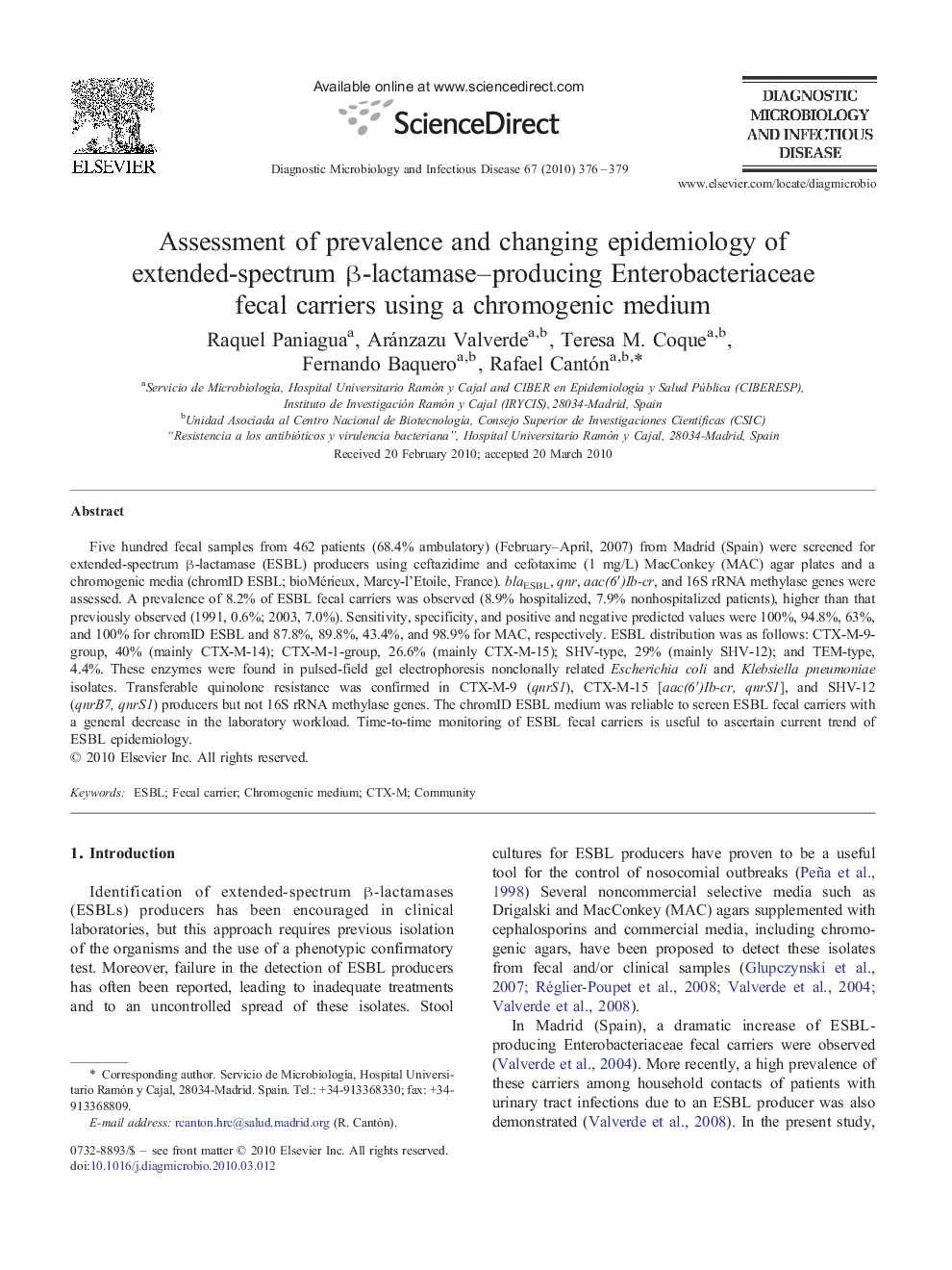 Assessment of prevalence and changing epidemiology of extended-spectrum β-lactamase–producing Enterobacteriaceae fecal carriers using a chromogenic medium