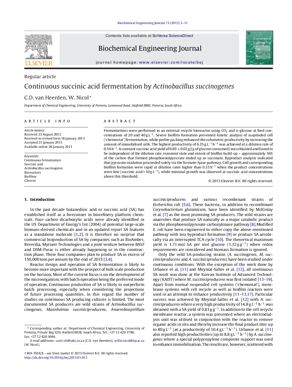 Continuous succinic acid fermentation by Actinobacillus succinogenes