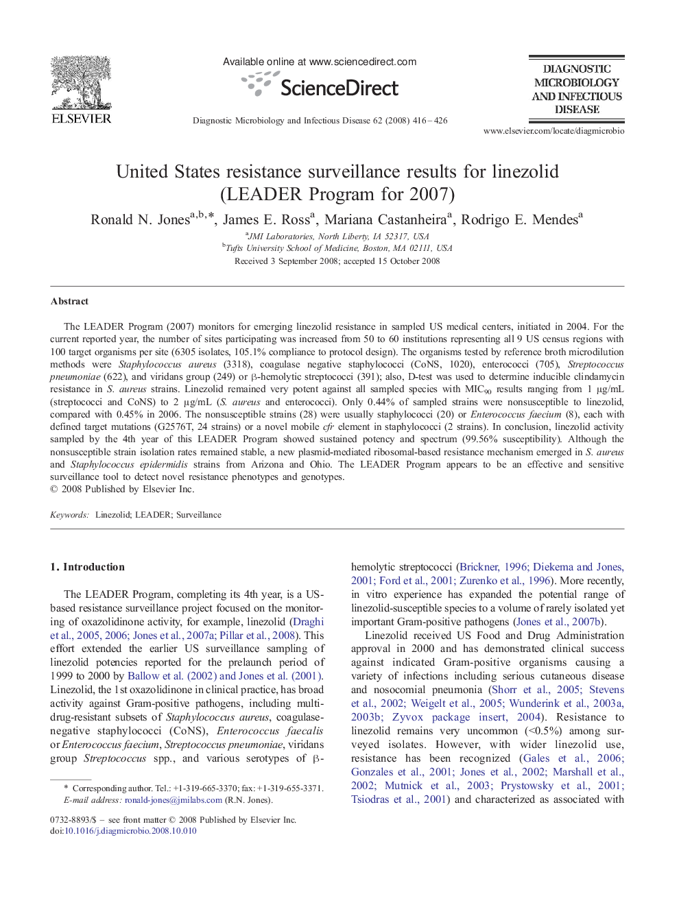 United States resistance surveillance results for linezolid (LEADER Program for 2007)