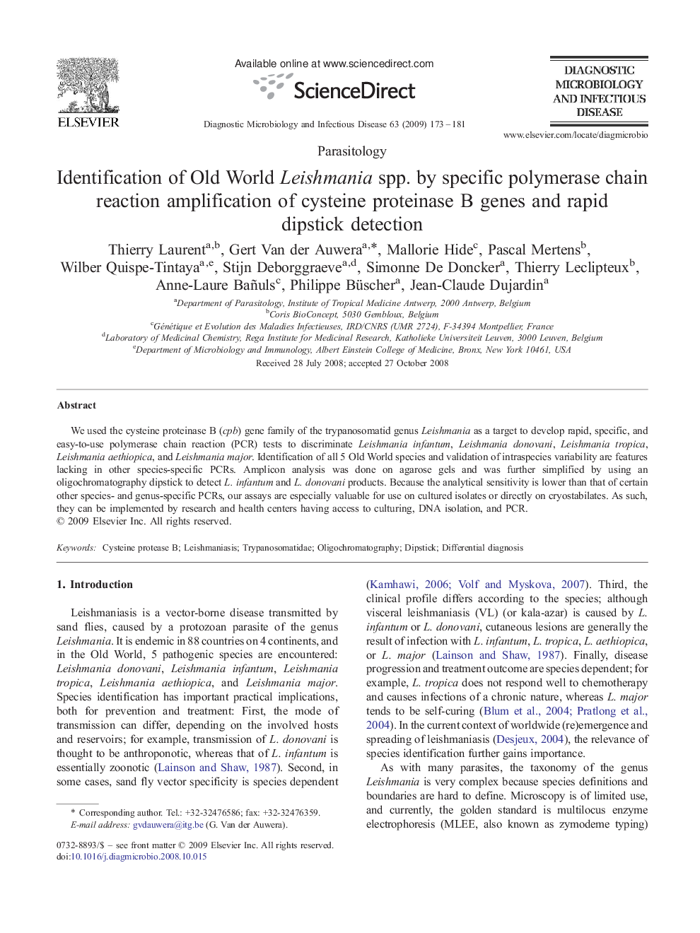 Identification of Old World Leishmania spp. by specific polymerase chain reaction amplification of cysteine proteinase B genes and rapid dipstick detection