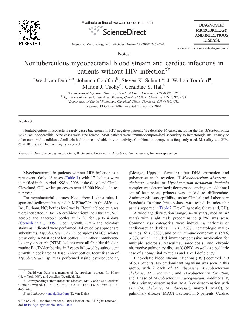 Nontuberculous mycobacterial blood stream and cardiac infections in patients without HIV infection 